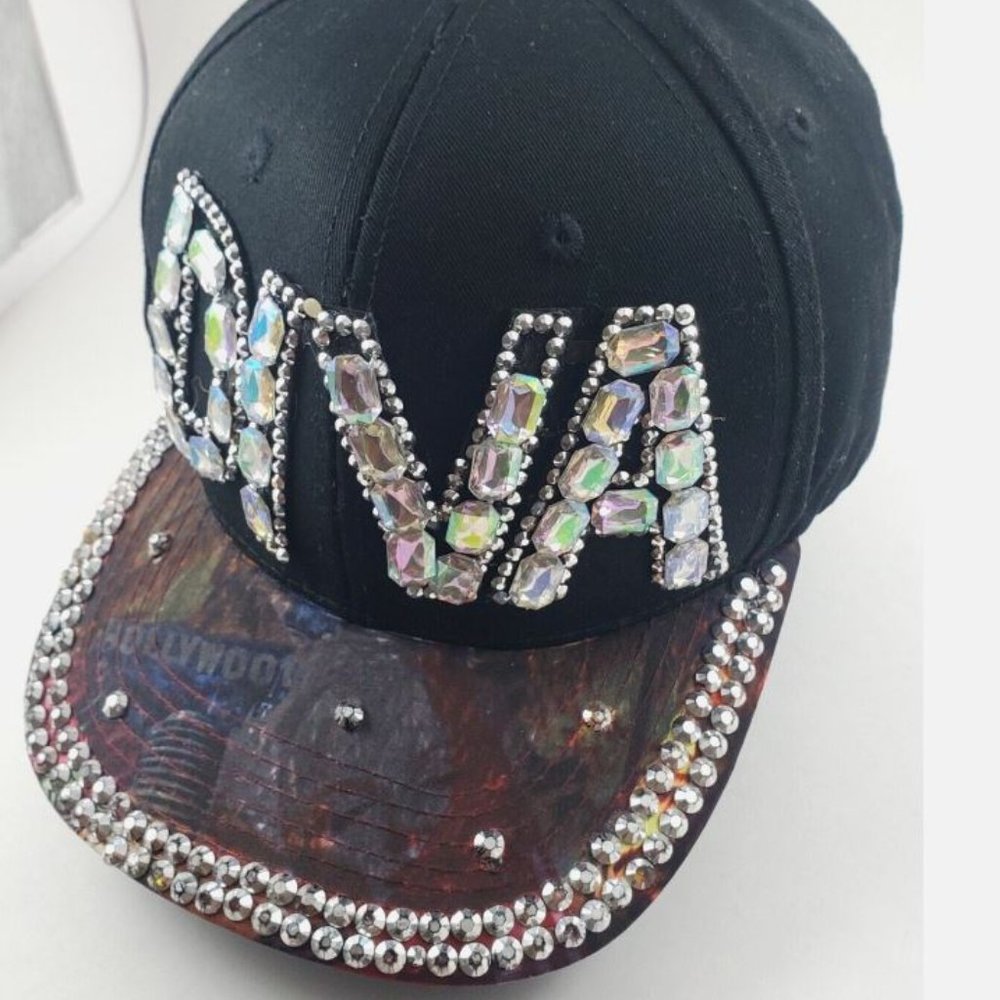 DIVA Hollywood Bling Rhinestone Adjustable Black Denim Hat Baseball Cap One Size